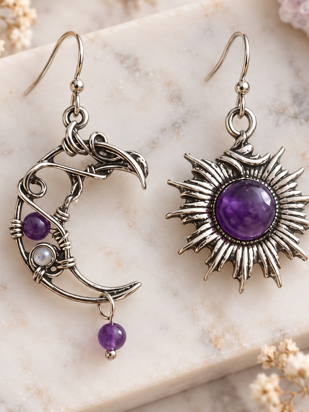 Bohemian Sun & Crescent Amethyst Drop Dangle Earrings - Silver Tone